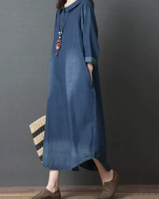 Loose Denim Shirt Maxi Dresses