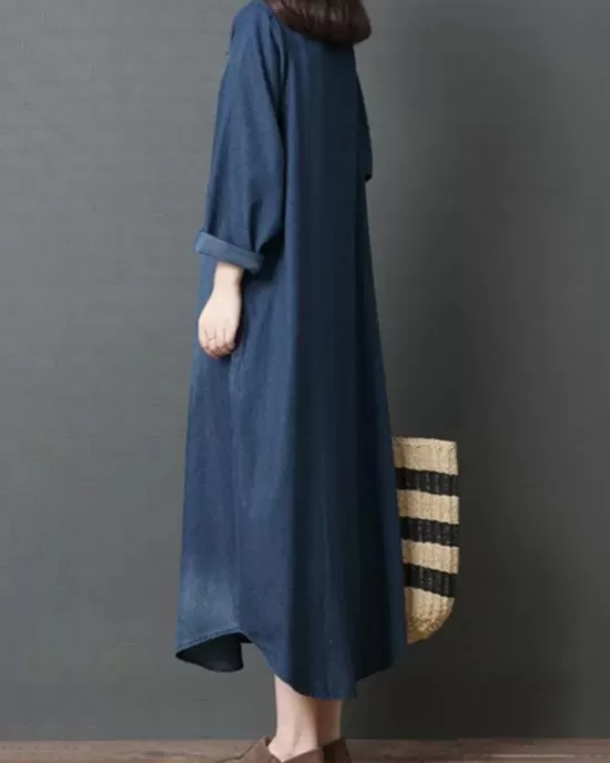 Loose Denim Shirt Maxi Dresses