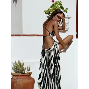 Printed Bandage Backless Sexy Maxi Dress