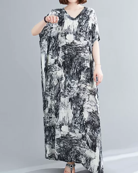 Ethnic Printed Vintage Plus Size V-Neck Loose Casual Dress