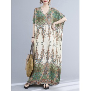 Vintage Floral Printed V-Neck Batwing Sleeves H-Line Maxi Dress