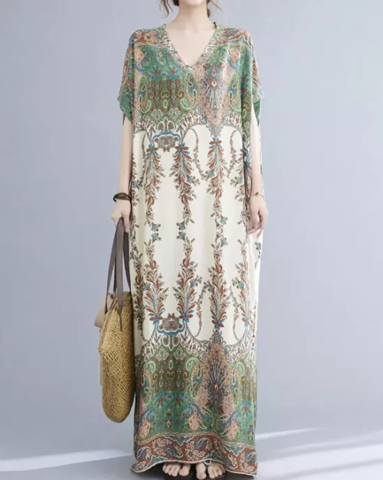 Vintage Floral Printed V-Neck Batwing Sleeves H-Line Maxi Dress