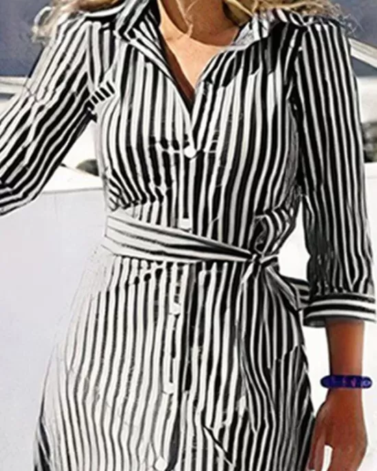 Buttoned Striped Tied Waist High Waisted Long Sleeves V-neck Shirt Dress Maxi Dresses