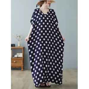 Urban Loose Batwing Sleeves Polka-Dot Printed A-Line Maxi Dress