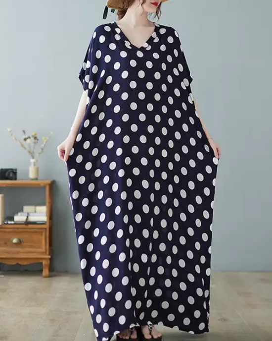 Urban Loose Batwing Sleeves Polka-Dot Printed A-Line Maxi Dress