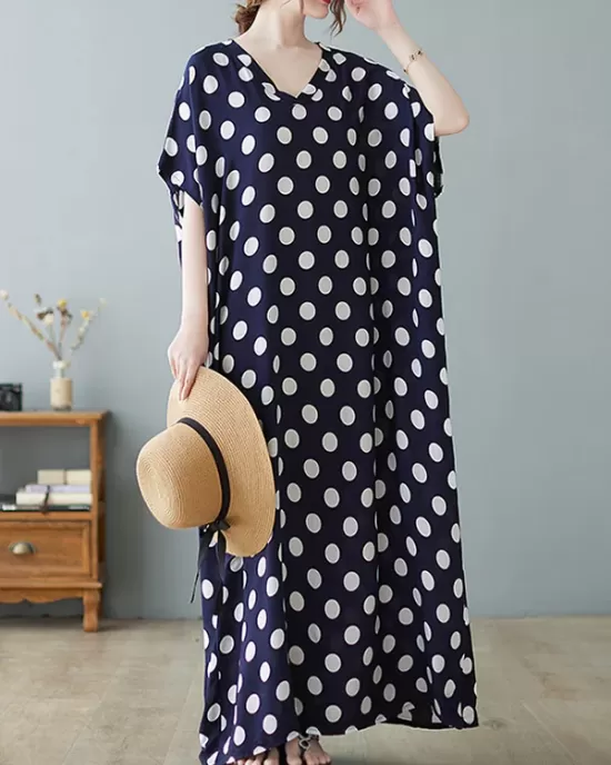 Urban Loose Batwing Sleeves Polka-Dot Printed A-Line Maxi Dress