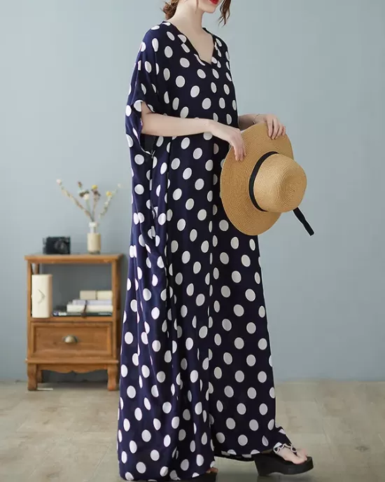 Urban Loose Batwing Sleeves Polka-Dot Printed A-Line Maxi Dress