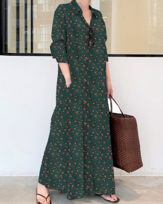 Vintage Printed Lapel Long Sleeve Shirt Maxi Dress