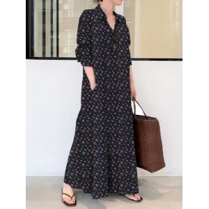 Vintage Printed Lapel Long Sleeve Shirt Maxi Dress