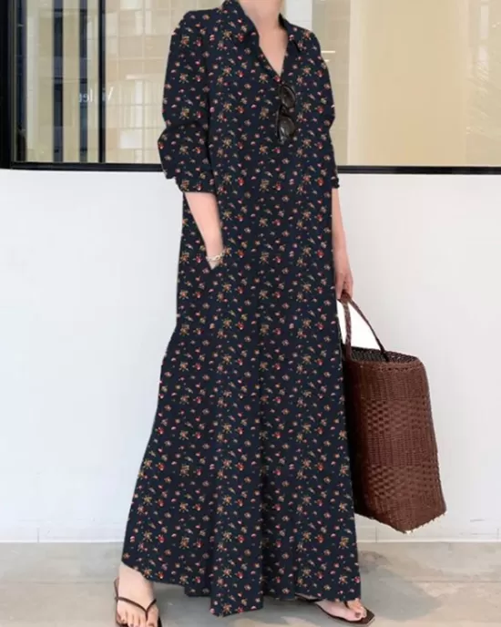 Vintage Printed Lapel Long Sleeve Shirt Maxi Dress