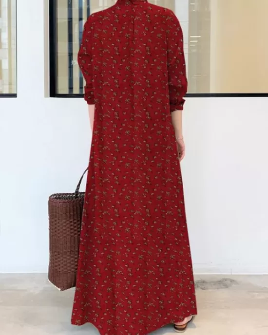 Vintage Printed Lapel Long Sleeve Shirt Maxi Dress