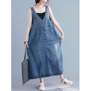 Loose Sleeveless Denim V-Neck Midi Dress