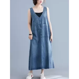 Loose Sleeveless Denim V-Neck Midi Dress