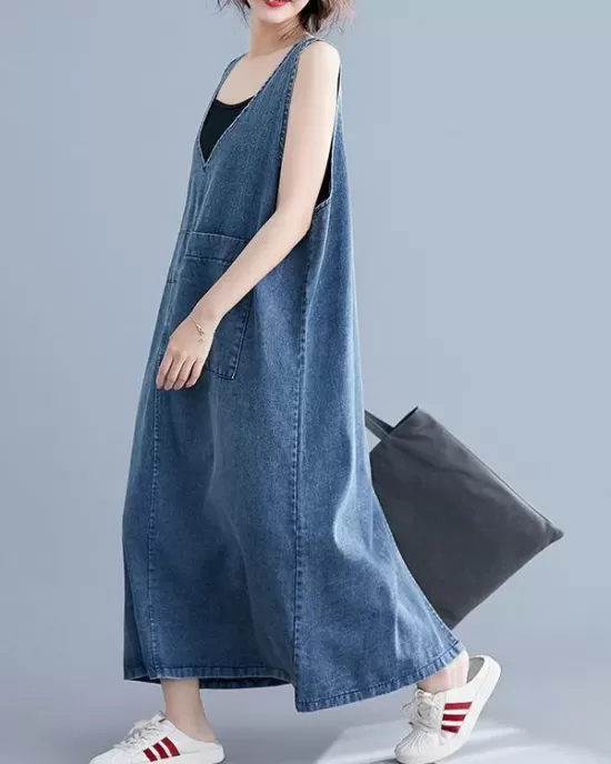 Loose Sleeveless Denim V-Neck Midi Dress