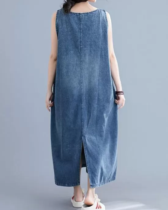 Loose Sleeveless Denim V-Neck Midi Dress