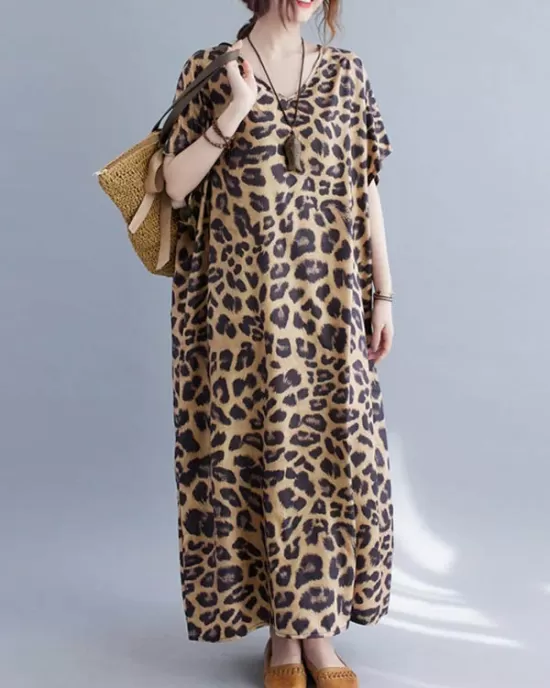 Loose Leopard V-Neck Batwing Sleeves Maxi Dress