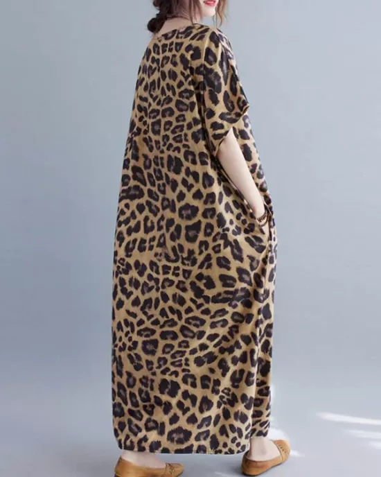 Loose Leopard V-Neck Batwing Sleeves Maxi Dress