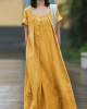 Simple Solid Color U-Neck Pleated Short Sleeves Maxi Dress