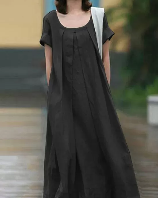 Simple Solid Color U-Neck Pleated Short Sleeves Maxi Dress