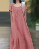 Simple Solid Color U-Neck Pleated Short Sleeves Maxi Dress