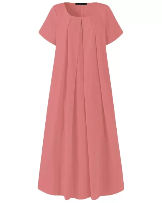 Simple Solid Color U-Neck Pleated Short Sleeves Maxi Dress