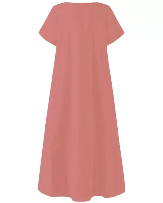 Simple Solid Color U-Neck Pleated Short Sleeves Maxi Dress