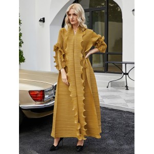 Original Loose Long Sleeves Tied Pleated Falbala Solid Color V-Neck Maxi Dresses