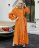 Original Loose Long Sleeves Tied Pleated Falbala Solid Color V-Neck Maxi Dresses