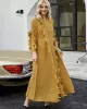 Original Loose Long Sleeves Tied Pleated Falbala Solid Color V-Neck Maxi Dresses