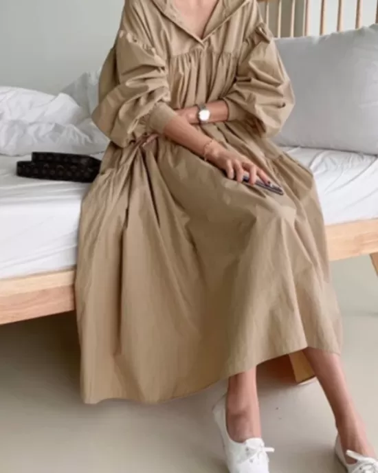 Urban Solid Color Pleated Long Sleeves Hooded Midi Dress