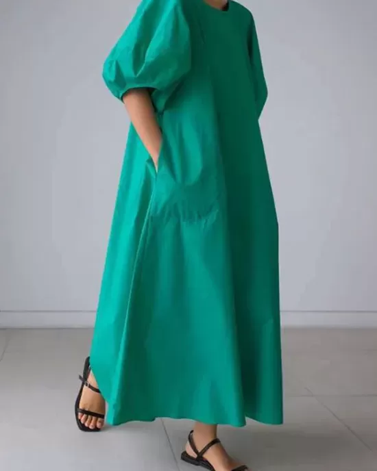 Original Bishop Sleeve Solid Color Midi Dress