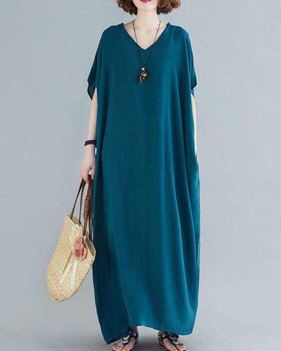 9 Colors Loose Solid Color V-Neck Maxi Dress