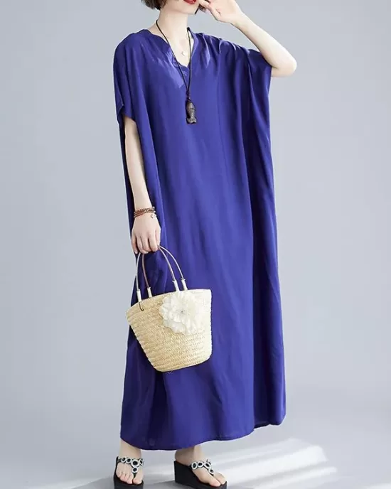 9 Colors Loose Solid Color V-Neck Maxi Dress