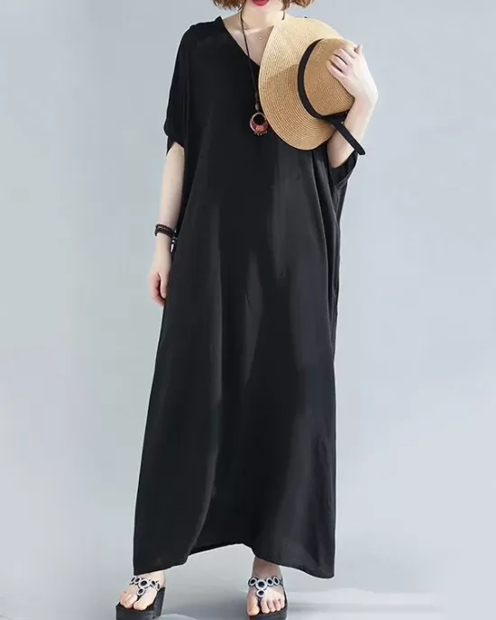 9 Colors Loose Solid Color V-Neck Maxi Dress