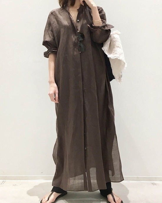 Vintage Gray Lapel Long Sleeves Maxi Dress