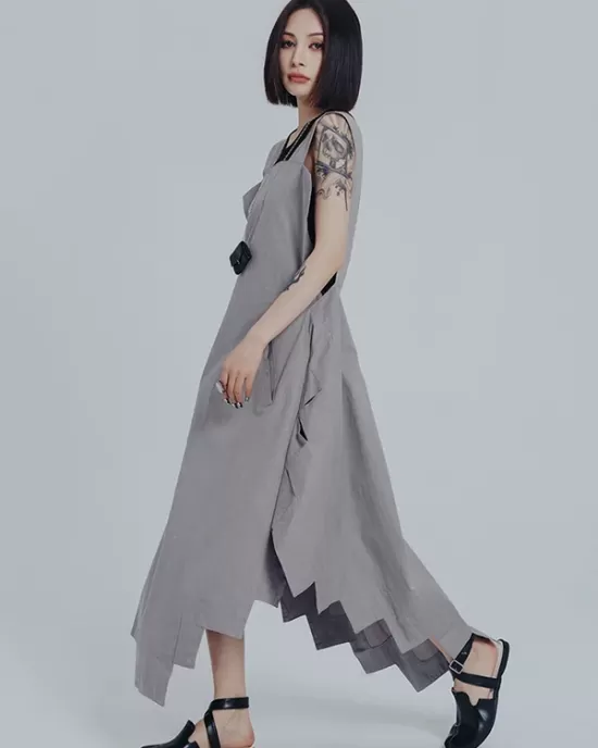 Casual Loose Sleeveless Irregular Gray Maxi Dress