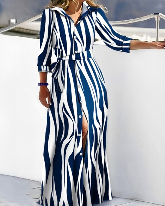 Buttoned Tied Waist Zebra Printed High Waisted Long Sleeves V-neck Shirt Dress Maxi Dresses