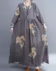 Casual Loose Pleated Flower Printed Round-Neck Long Sleeves Maxi Dress