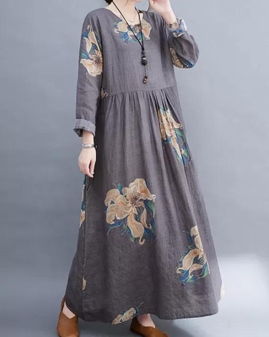 Casual Loose Pleated Flower Printed Round-Neck Long Sleeves Maxi Dress