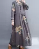 Casual Loose Pleated Flower Printed Round-Neck Long Sleeves Maxi Dress