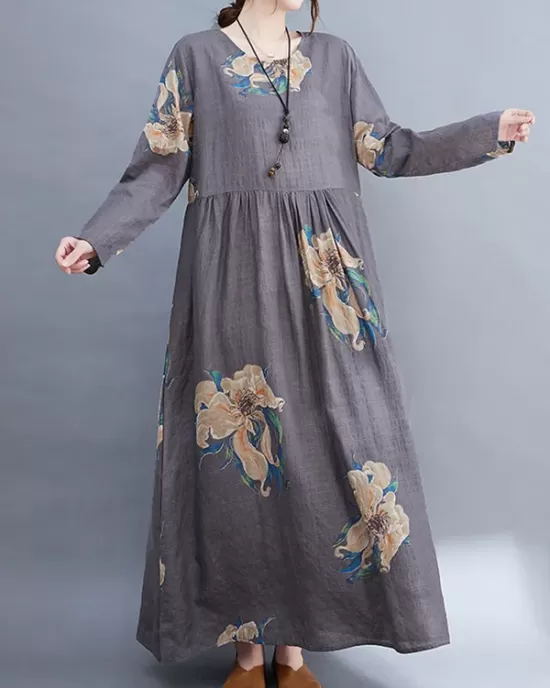 Casual Loose Pleated Flower Printed Round-Neck Long Sleeves Maxi Dress