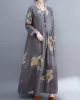 Casual Loose Pleated Flower Printed Round-Neck Long Sleeves Maxi Dress