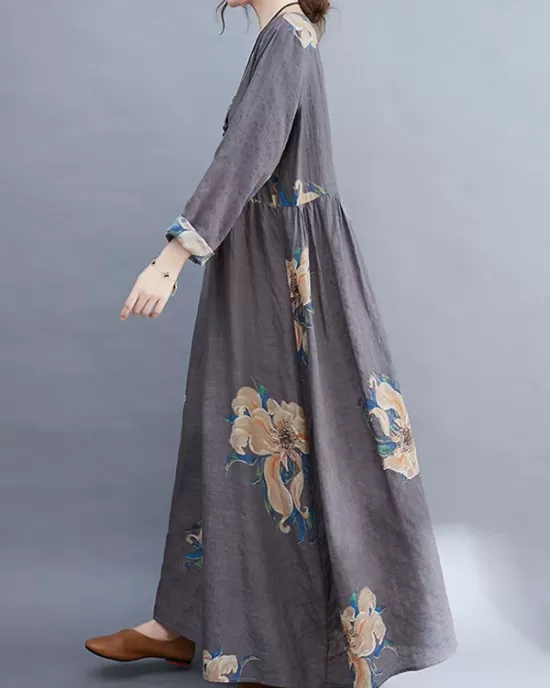 Casual Loose Pleated Flower Printed Round-Neck Long Sleeves Maxi Dress