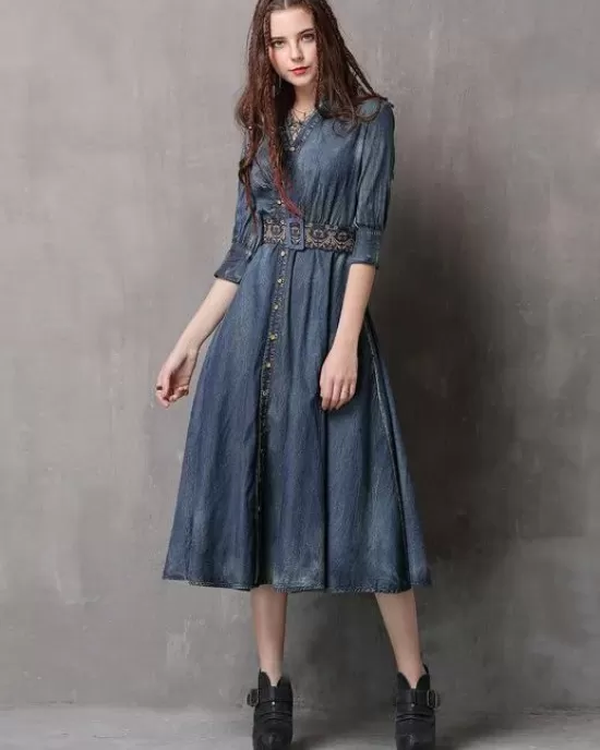 Vintage Embroidered Cropped Denim Dress