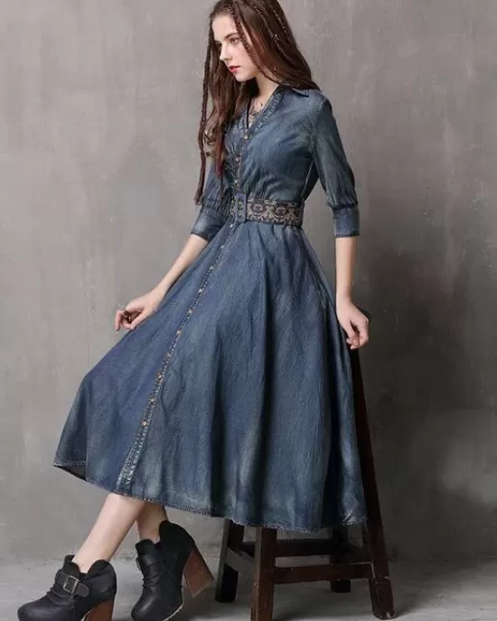 Vintage Embroidered Cropped Denim Dress