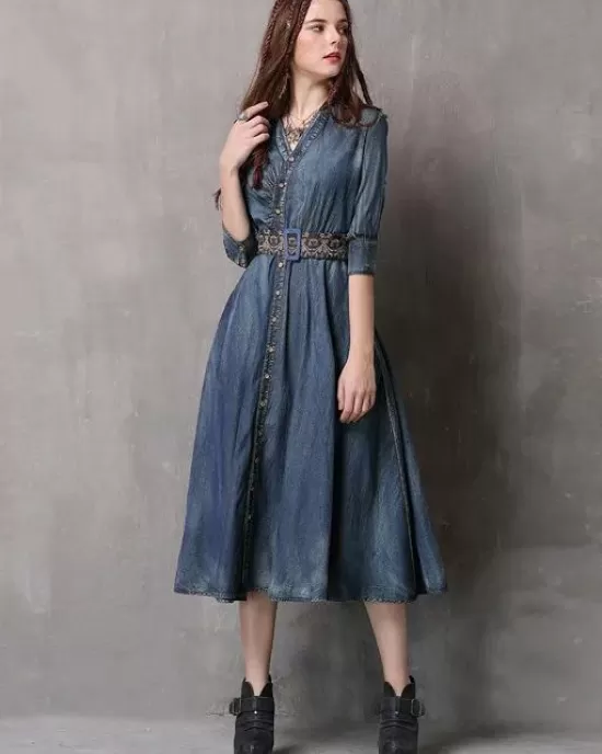 Vintage Embroidered Cropped Denim Dress