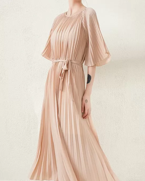 Loose Pleated With Waistband Solid Color Round-Neck Maxi Dresses