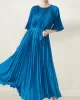 Loose Pleated With Waistband Solid Color Round-Neck Maxi Dresses