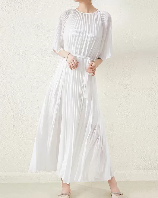 Loose Pleated With Waistband Solid Color Round-Neck Maxi Dresses