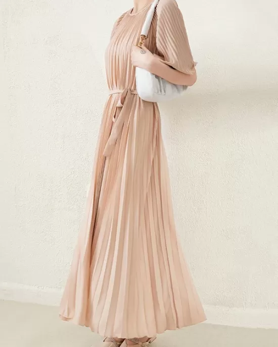 Loose Pleated With Waistband Solid Color Round-Neck Maxi Dresses